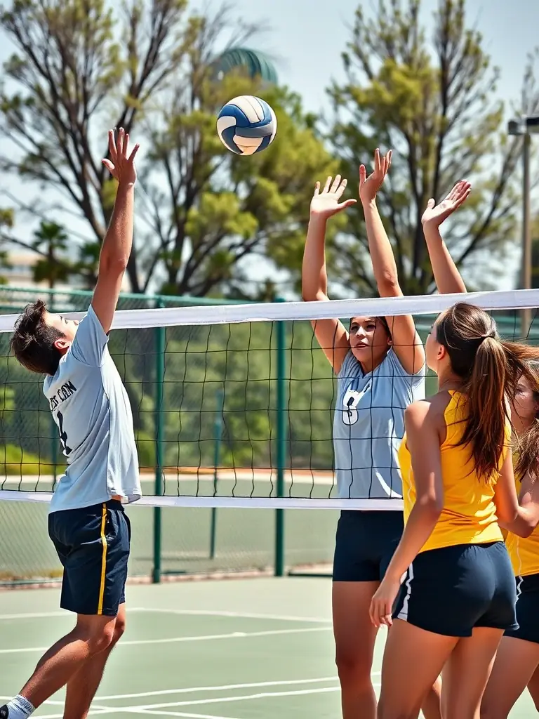 A dynamic image of adult players engaged in a competitive volleyball match, showcasing teamwork, athleticism, and strategic gameplay during a league game.