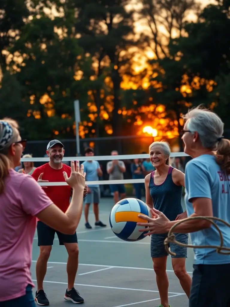 A photo of club members volunteering at a local community event, organizing a volleyball demonstration and engaging with residents to promote the sport and club's activities.