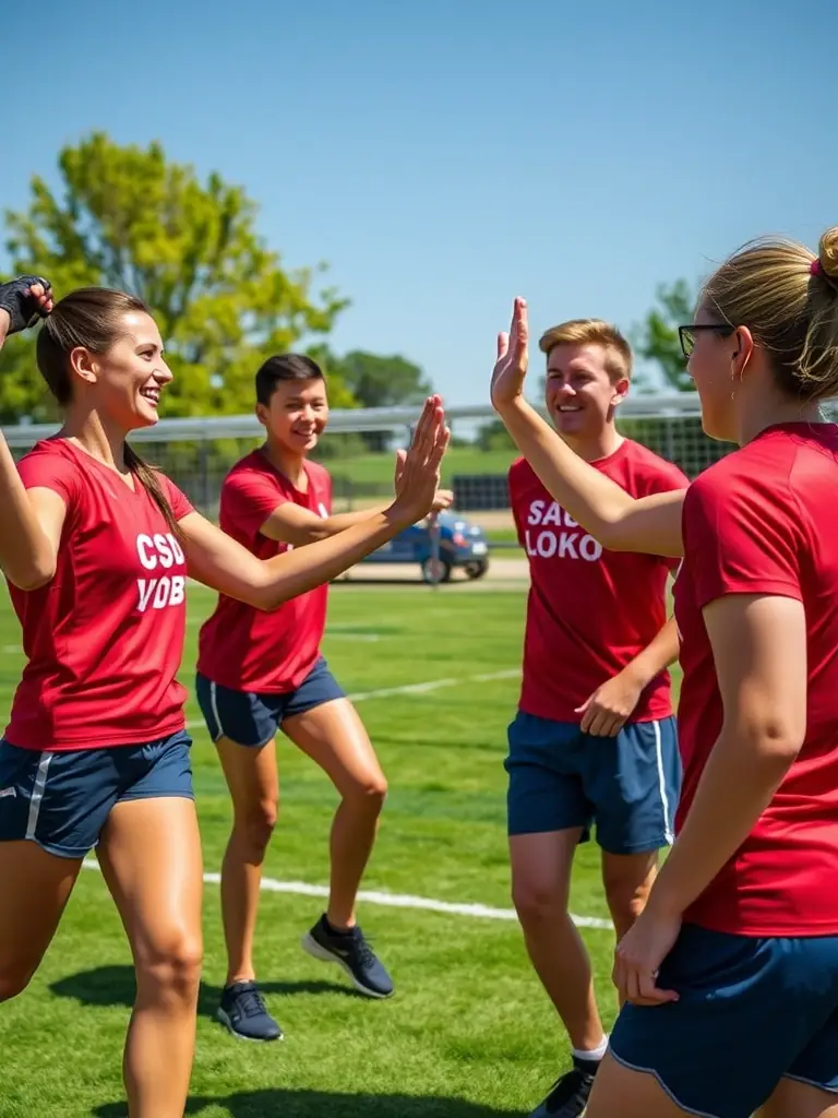 A group of senior players enjoying a friendly game of volleyball, emphasizing the social and recreational aspects of the sport.