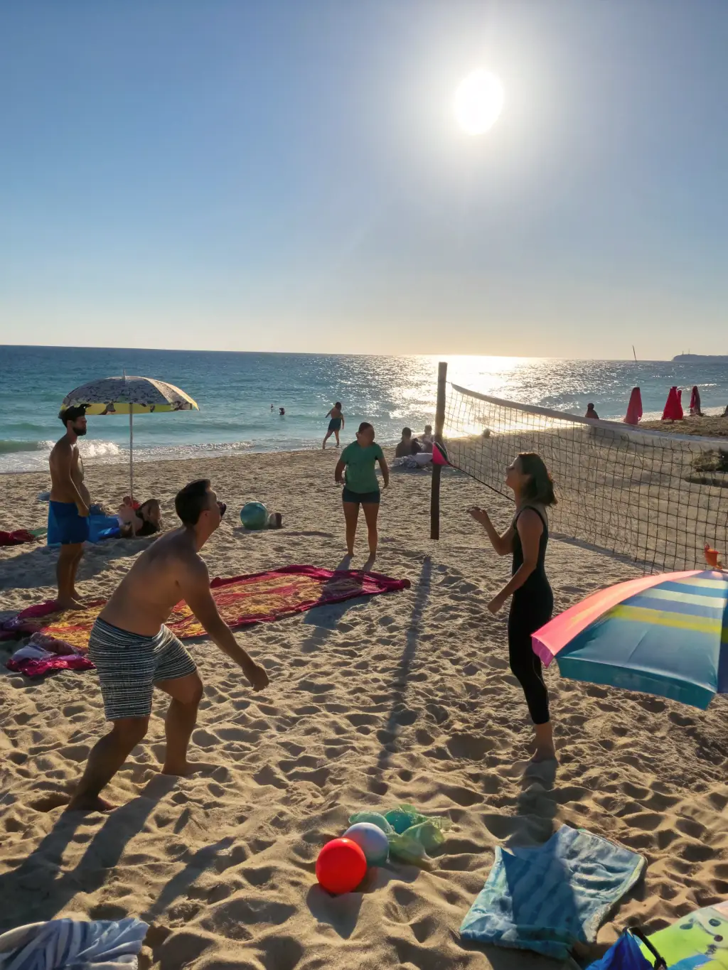 A group photo of club members participating in a beach volleyball tournament, smiling and enjoying the sun and sand while competing in a friendly match.