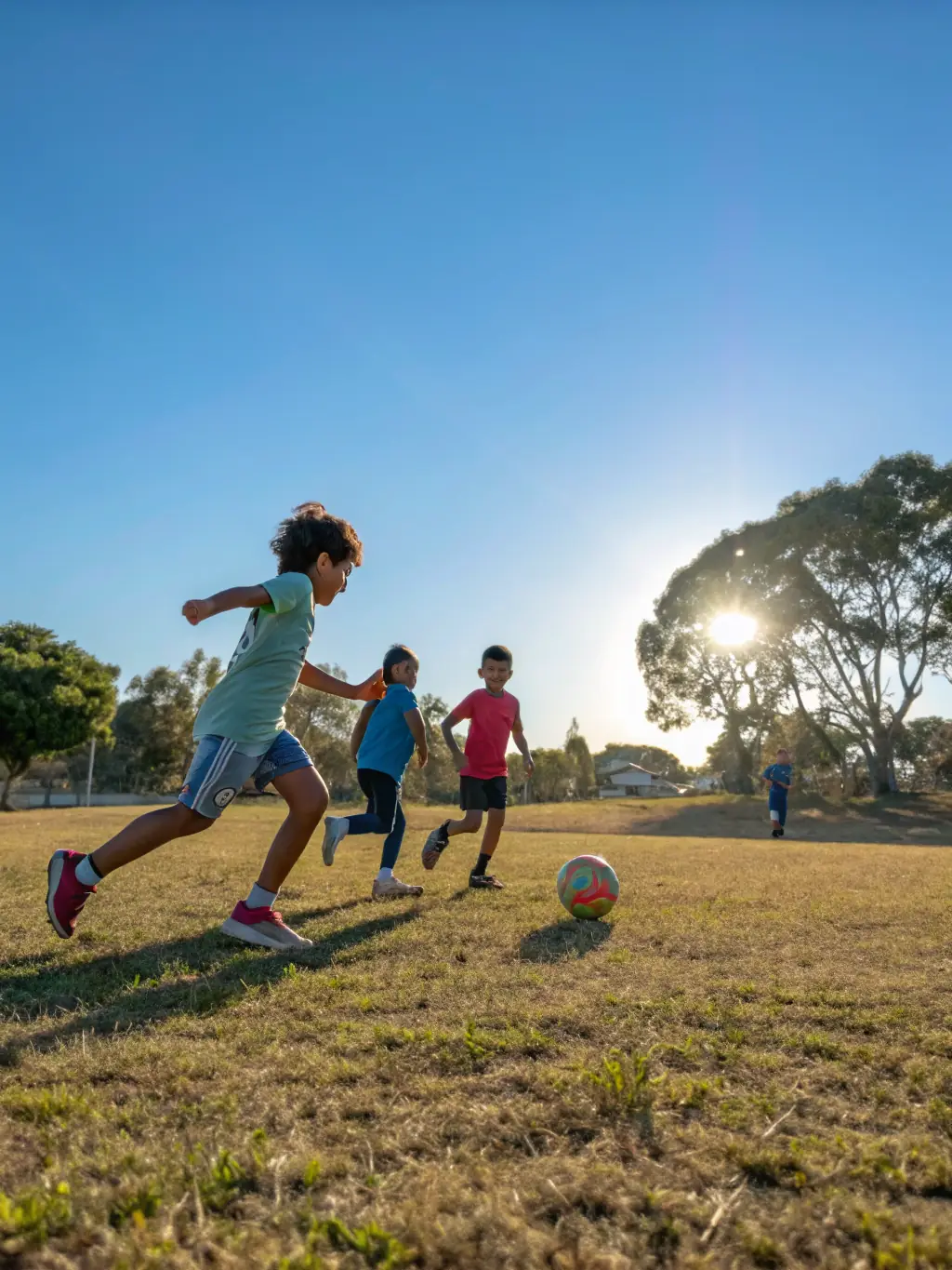 A dynamic shot of a diverse group of children playing soccer on a sunny field, showcasing the energy and inclusivity of USSP's youth soccer program.