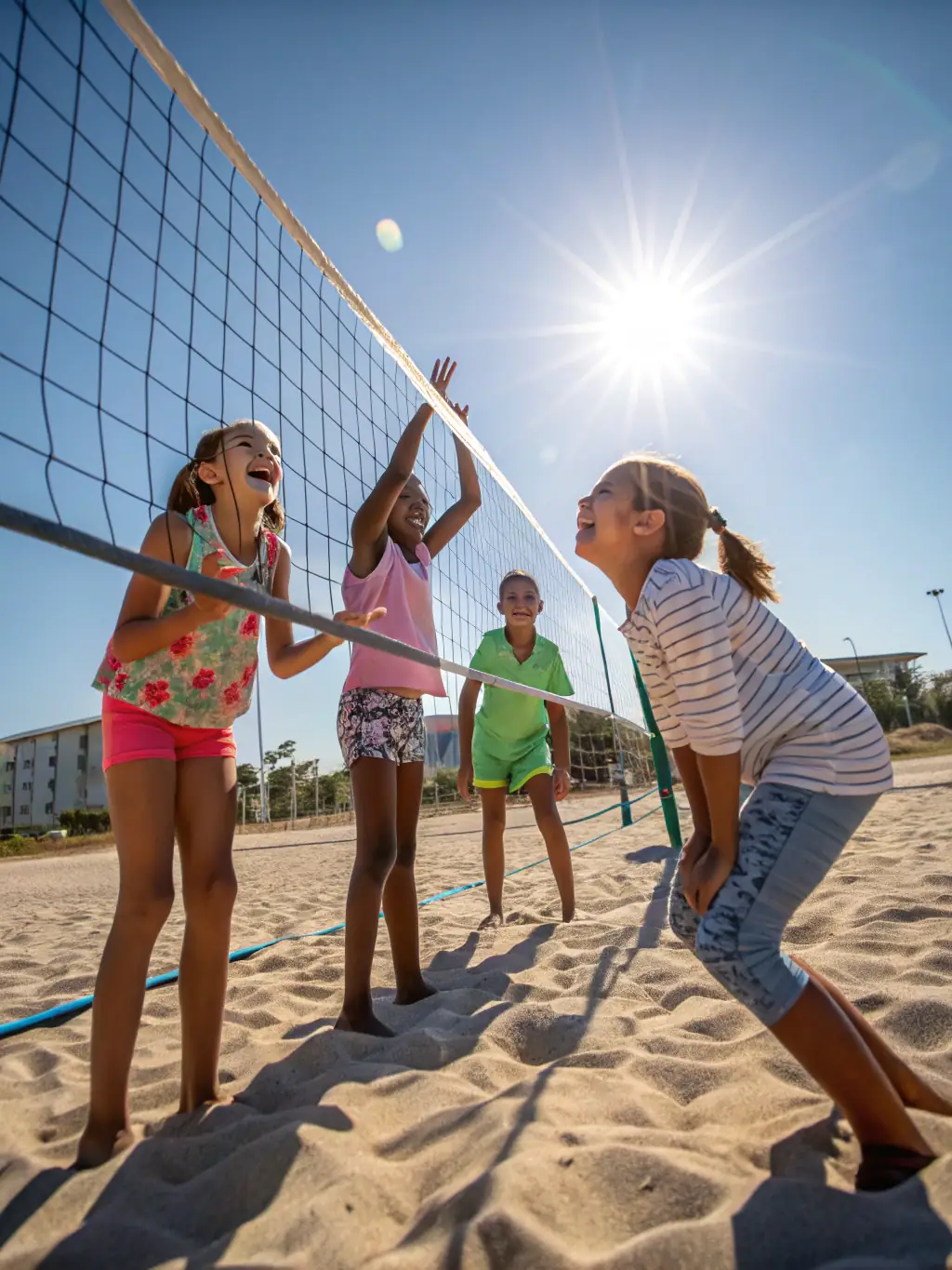 A group of children playing volleyball at the beach, emphasizing the fun and engaging nature of USSP's volleyball program.