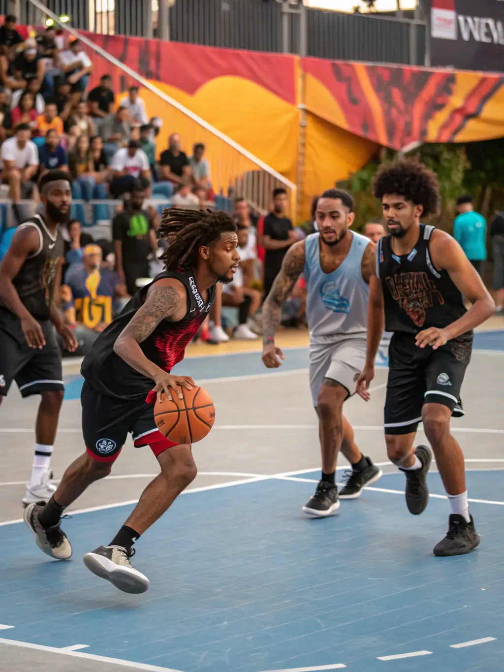 An action-packed image of adults playing basketball in a community gymnasium, highlighting the competitive spirit and camaraderie of USSP's adult basketball league.