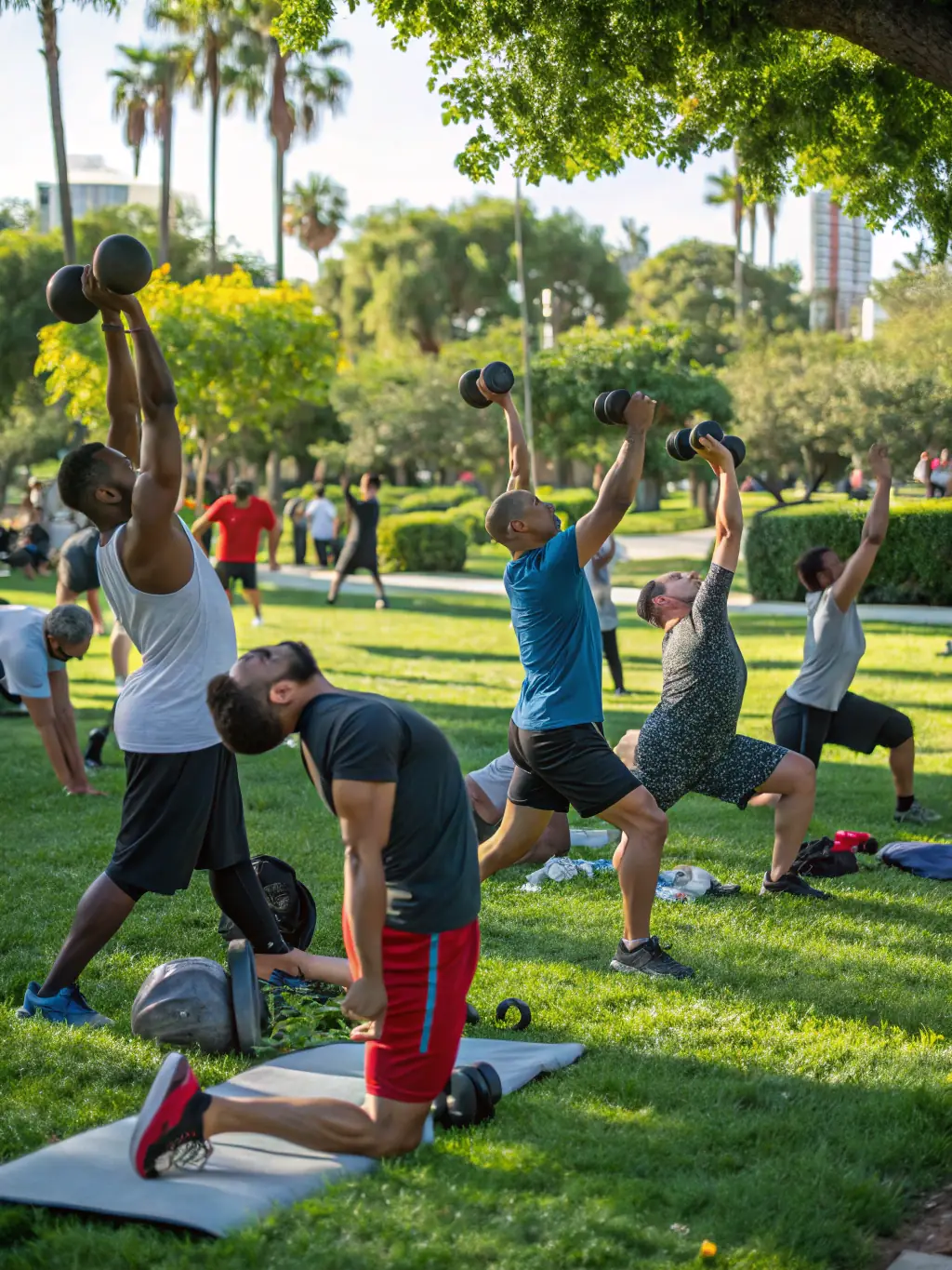 A lively scene of people participating in a community fitness class outdoors, demonstrating the accessibility and health benefits of USSP's fitness programs.