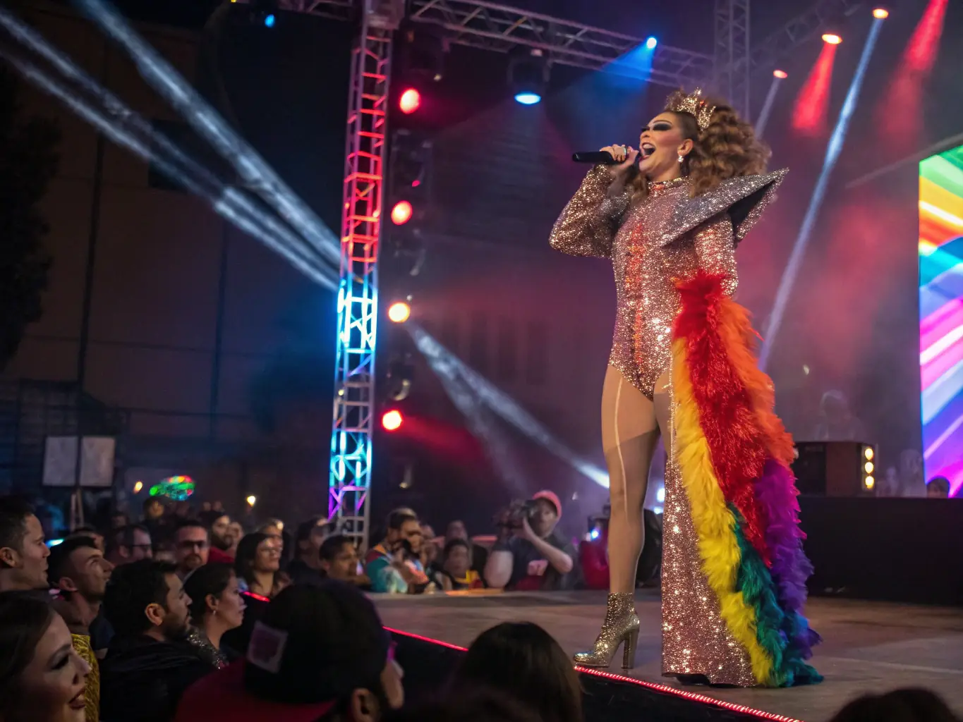 A vibrant photograph capturing a live drag performance at Maison De La, showcasing elaborate costumes, dynamic lighting, and an enthusiastic audience.