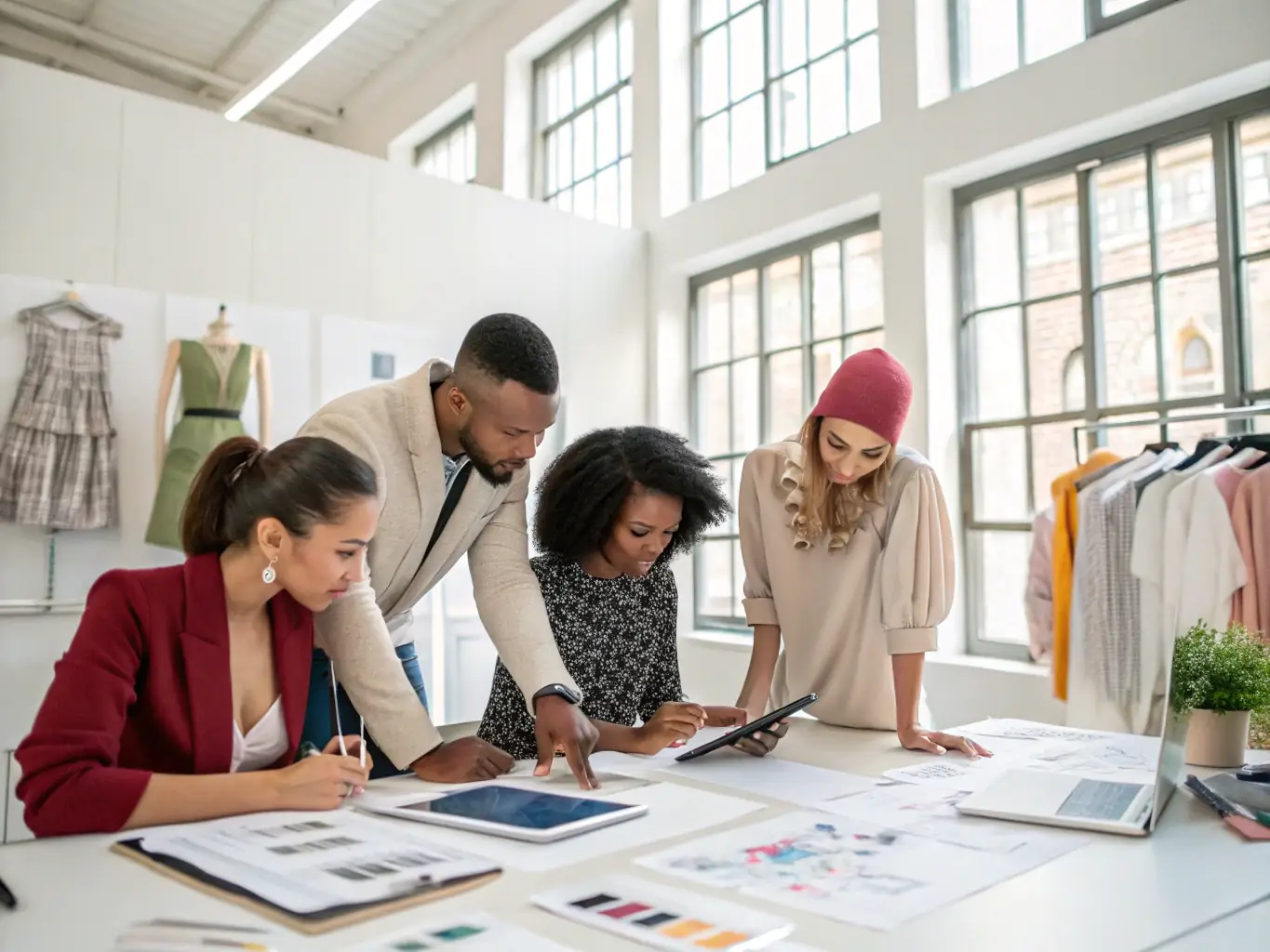 A visually striking image of participants collaborating on a fashion design project at MAISON DE LA, highlighting creativity and teamwork.