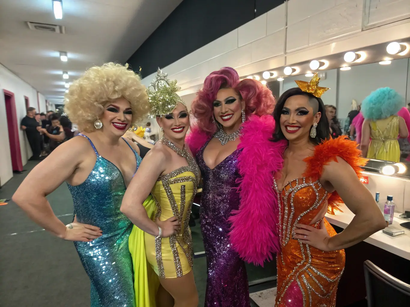 A vibrant image of a drag performance workshop, with participants in colorful costumes, learning makeup techniques and posing for the camera, reflecting the energy and creativity of MAISON DE LA's workshops.