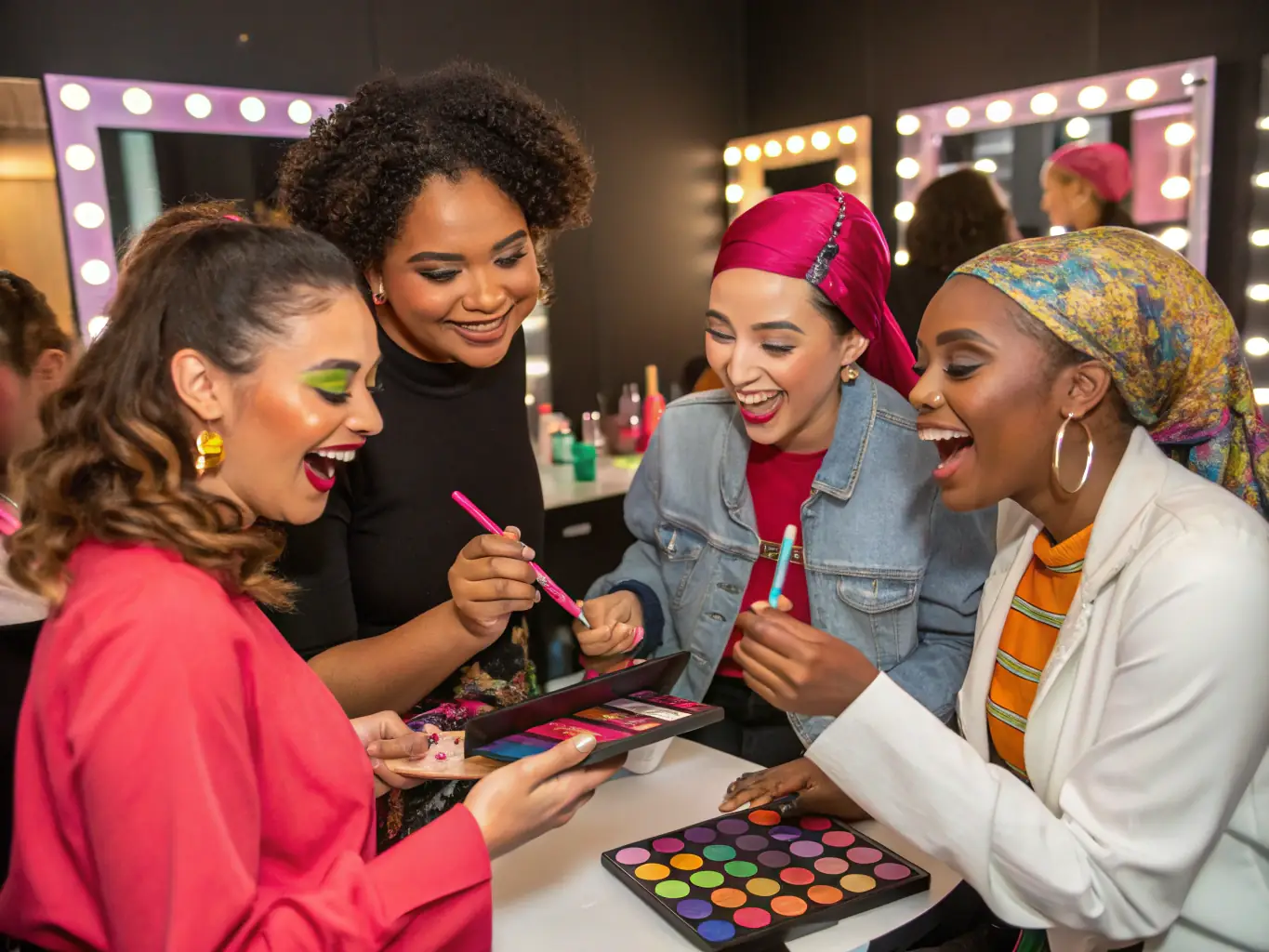 A vibrant image of participants engaged in a drag makeup workshop at MAISON DE LA, showcasing creativity and self-expression.