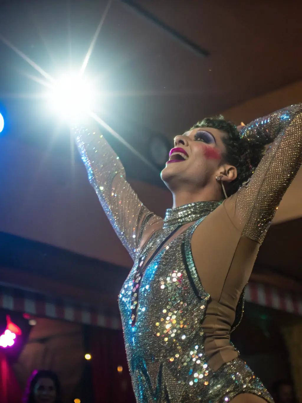 A vibrant photograph capturing a drag queen in mid-performance, showcasing elaborate makeup and costume, set against a backdrop of cheering audience members at a MAISON DE LA event.