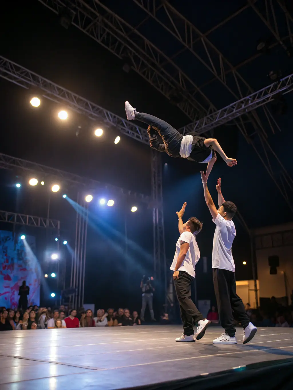 A dynamic image of acrobats performing a complex routine, highlighting their strength and agility, during a MAISON DE LA workshop focused on physical expression.